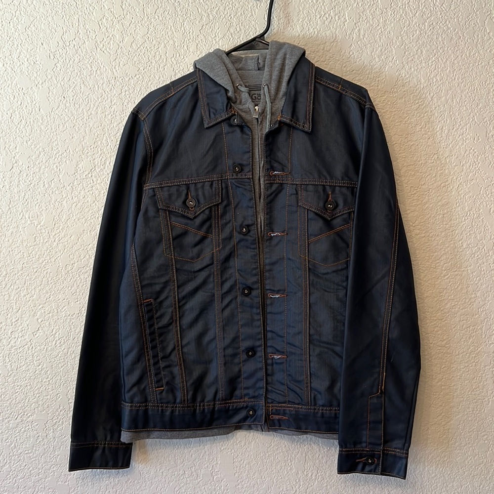 Mens denim jacket with built in grey hoodie details